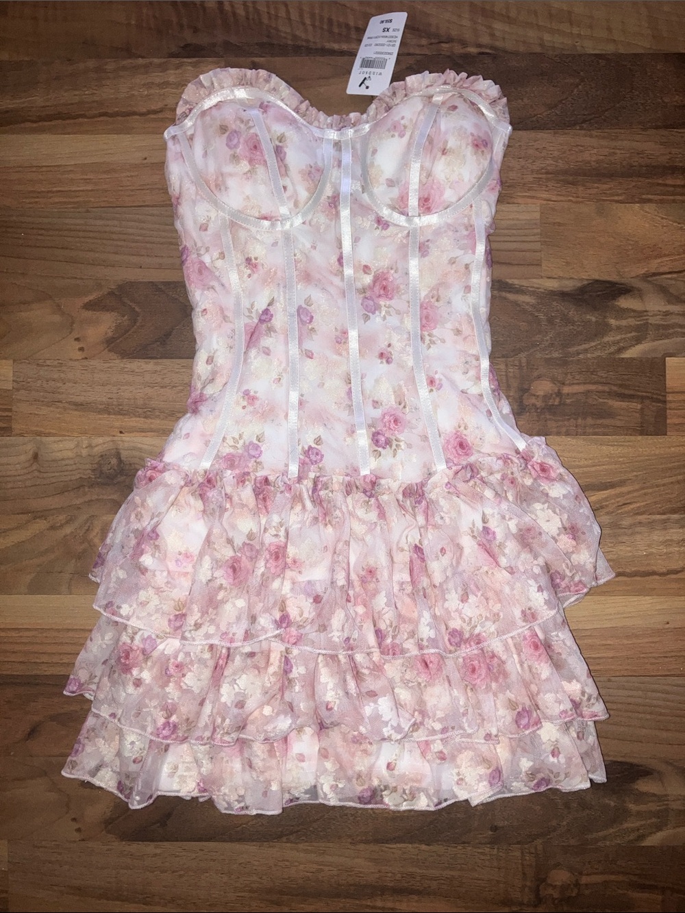 Windsor Cream pink floral ruffle hem strapless dress Women’s Sz XS NWT